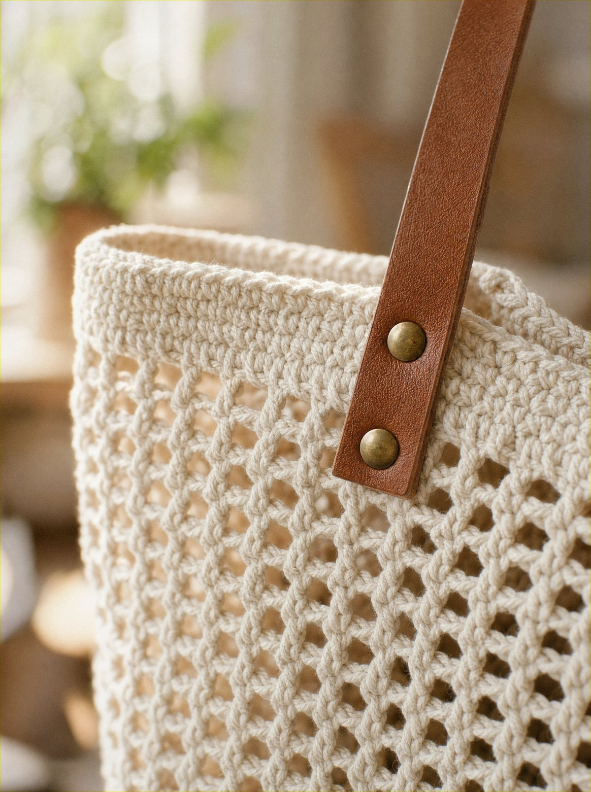 Crochet weave and leather strap detail