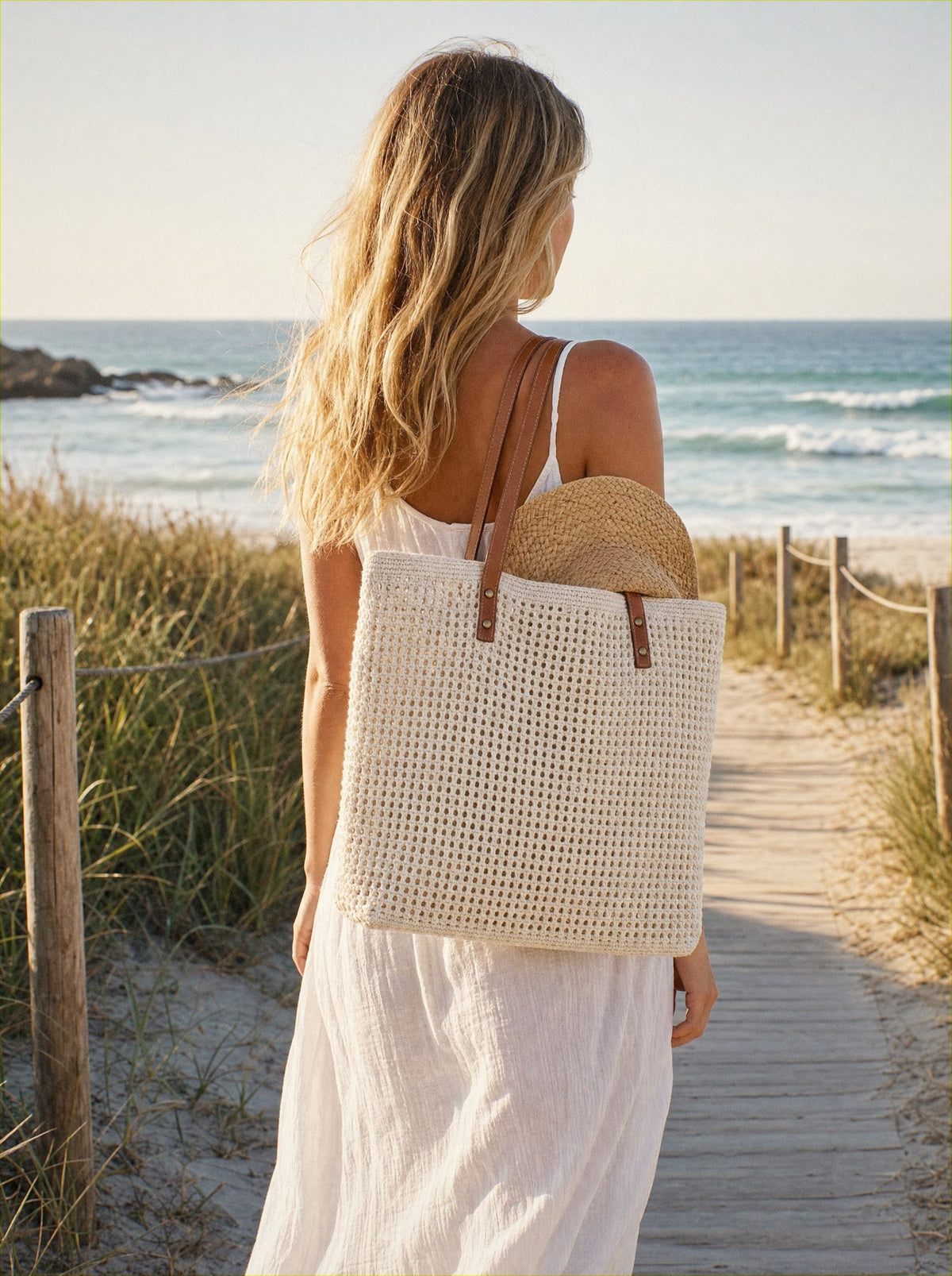 Bloomie Woven Beach Tote on shoulder