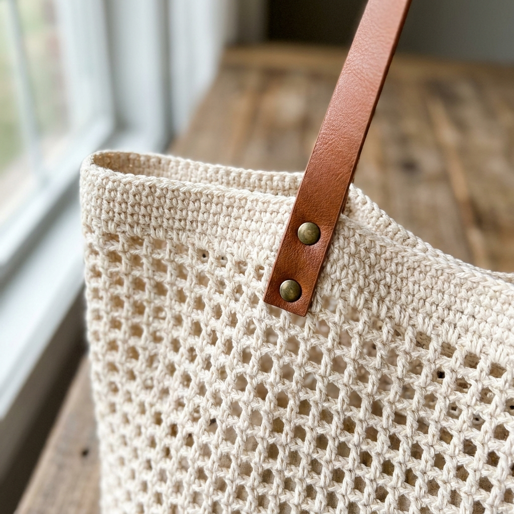 Crochet weave and leather strap detail